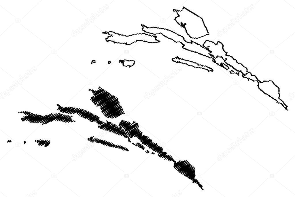 Dubrovnik-Neretva County (Counties of Croatia, Republic of Croatia) map vector illustration, scribble sketch Dubrovnik Neretva (Korcula, Lastovo, Mljet, Sipan, Lopud and Kolocep island) map