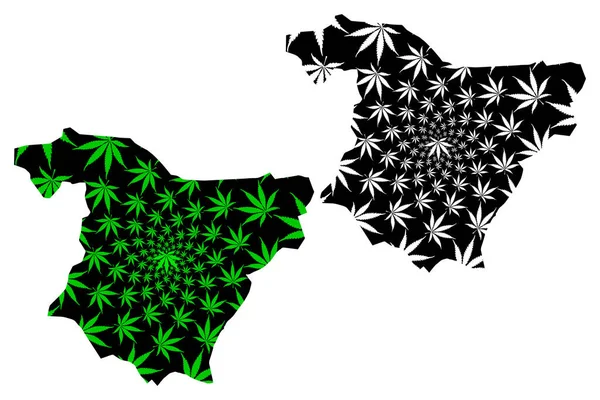 Mappa della Provincia di Bouira (Province dell'Algeria, Repubblica Democratica Popolare d'Algeria) è disegnata foglia di cannabis verde e nera, mappa di Bouira fatta di foglie di marijuana (marijuana, THC) — Vettoriale Stock
