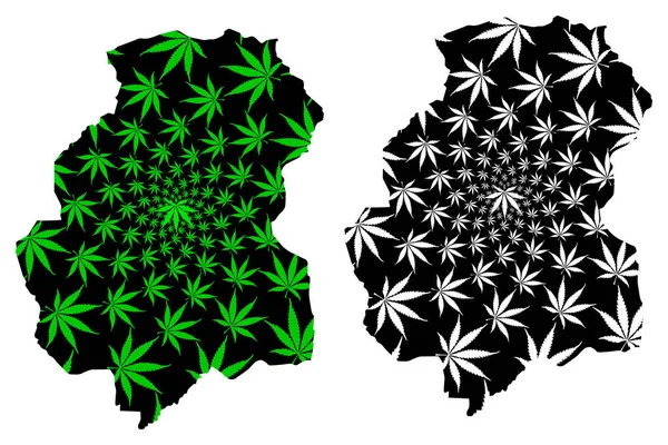 Mappa della provincia di Huambo (Angola, Repubblica dell'Angola) foglie di cannabis disegnate verde e nero, mappa di Huambo fatta di foglie di marijuana (marijuana, THC) — Vettoriale Stock