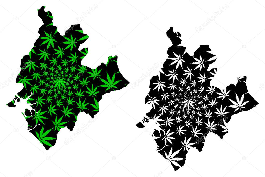 Littoral Region (Regions of Cameroon, Republic of Cameroon) map is designed cannabis leaf green and black, Littoral map made of marijuana (marihuana,THC) foliag