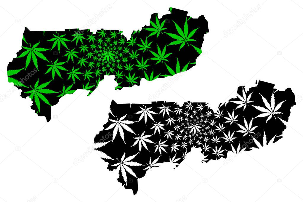 Upper East Region (Administrative divisions of Ghana, Republic of Ghana) map is designed cannabis leaf green and black, Upper East map made of marijuana (marihuana,THC) foliag