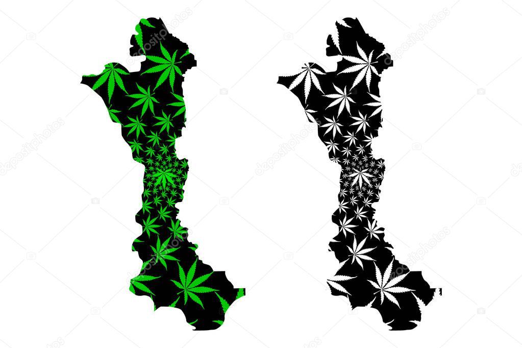 Volta Region (Administrative divisions of Ghana, Republic of Ghana) map is designed cannabis leaf green and black, Volta map made of marijuana (marihuana,THC) foliag