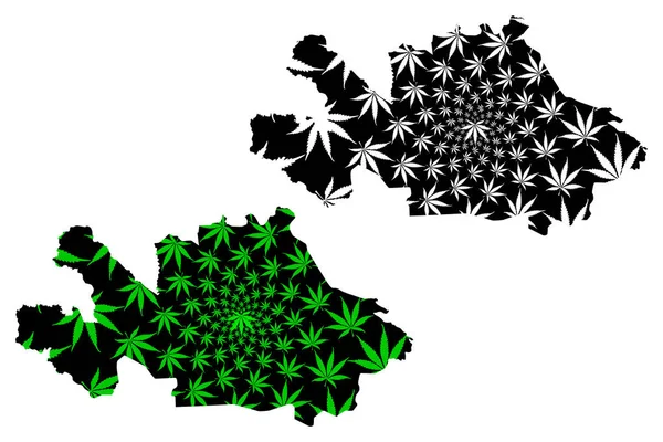 Mapa dystryktu Woroba (Wybrzeże Kości Słoniowej, Republika Wybrzeża Kości Słoniowej) jest zaprojektowana jako zielono-czarna mapa liści marihuany (marihuana, Thc) foliag — Wektor stockowy