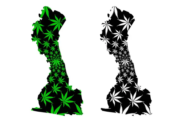 Comoe District (Costa de Marfil, República de Costa de Marfil) mapa está diseñado hoja de cannabis verde y negro, mapa de Comoe hecho de marihuana (marihuana, THC) foliag — Vector de stock