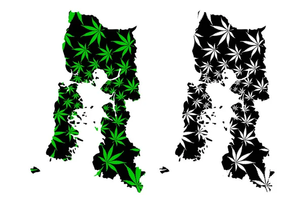 Región de Los Lagos (República de Chile, Divisiones administrativas de Chile) mapa está diseñado hoja de cannabis verde y negro, mapa de Los Lagos hecho de marihuana (marihuana, THC) foliag — Vector de stock