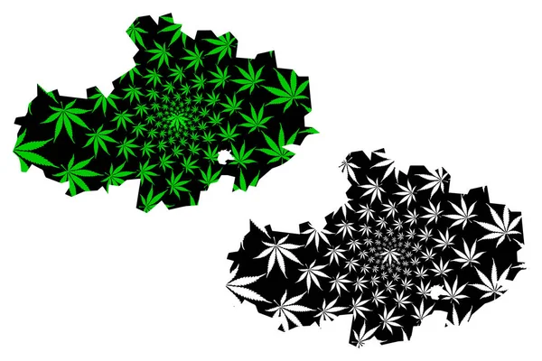 Mapa regionu Akmola (Republika Kazachstanu, Regiony Kazachstanu) jest zaprojektowana jako zielono-czarna mapa liści marihuany (marihuana, Thc) foliag — Wektor stockowy