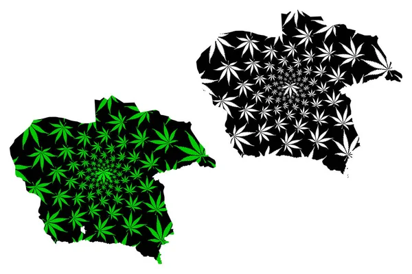 Almaty Region (República do Cazaquistão, Regiões do Cazaquistão) mapa é projetado folha de cannabis verde e preto, Almaty mapa feito de maconha (maconha, THC) foliag — Vetor de Stock