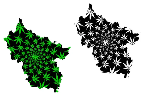 El mapa del condado de Buzau (divisiones administrativas de Rumania, región de desarrollo del Sud-Este) está diseñado con hojas de cannabis verdes y negras, el mapa de Buzau está hecho con marihuana (marihuana, THC) foliag — Vector de stock
