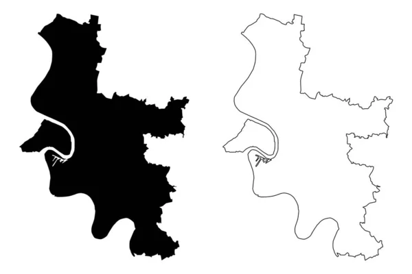 Векторная иллюстрация карты Дюссельдорфа (Федеративная Республика Германия, Северный Рейн-Вестфалия), чертеж карты Дюссельдорфа — стоковый вектор