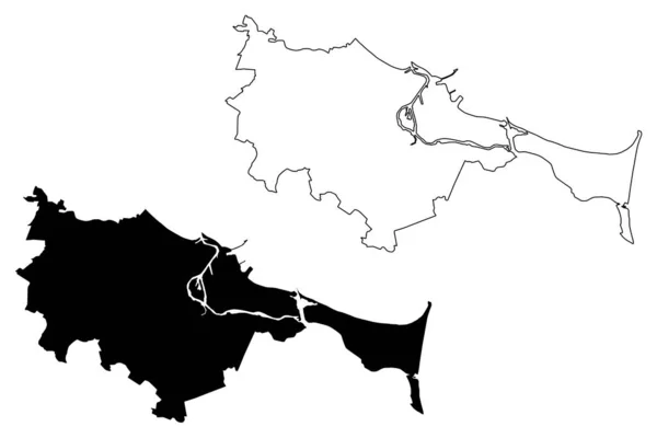 格但斯克市（波兰共和国，波美拉尼亚）地图矢量图解，速写草图格但斯克市地图 — 图库矢量图片