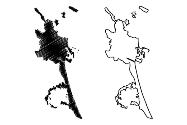 巴伦西亚市 西班牙王国 地图矢量图解 涂鸦草图瓦伦西亚市地图 — 图库矢量图片