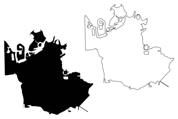 Manama Miasto Królestwo Bahrajnu Mapa Wektor Ilustracja Skecz Bazgroły Miasto — Wektor stockowy