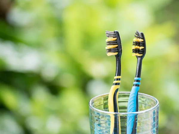 Cam üzerinde yeşil arka plan bulanık Duo diş fırçaları