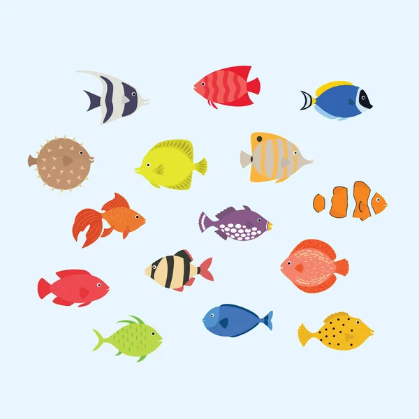 Lindo conjunto de iconos de ilustración de vectores de peces. Peces tropicales, peces de mar, peces de acuario — Vector de stock