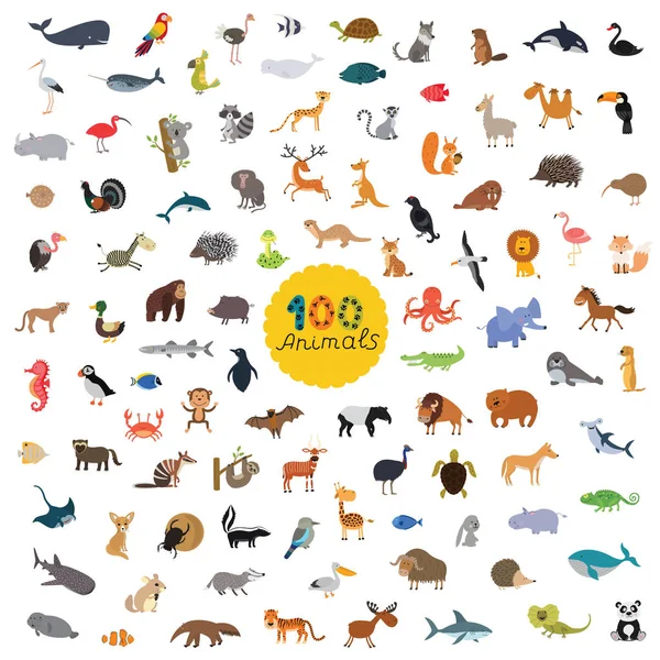 Establecer cien animales en el planeta — Vector de stock