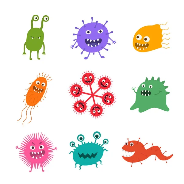 Cartoon virus karaktär vektorillustration. Söt flyga groddar virus infektion vektor och roliga micro bakterier karaktär. — Stock vektor