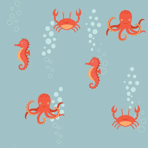 Fabulous nautical pattern with a fun orange sea horse, crab, octopus. — Stock Vector