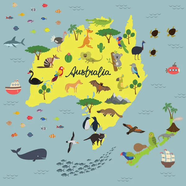 Mapa de animales Reino de Australia y Nueva Zelanda — Vector de stock