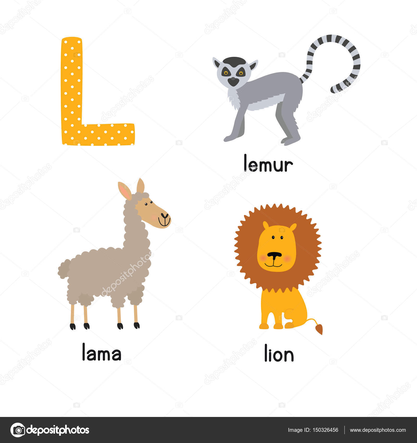 Cute Animal Zoo Alphabet. Letter L for Lion, Lemur, Lama. Stock Vector  Image by © #150326456