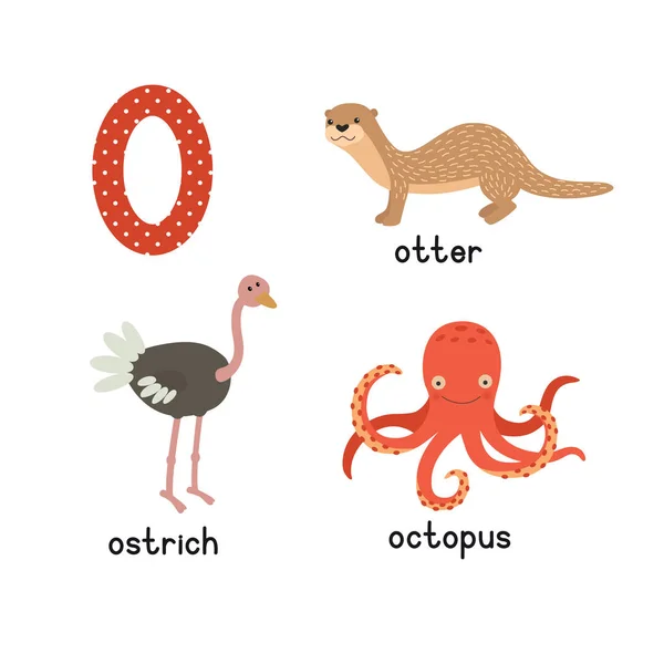 Dieren met de letter o. Otter, struisvogel, octopus instellen Vectorillustratie — Stockvector