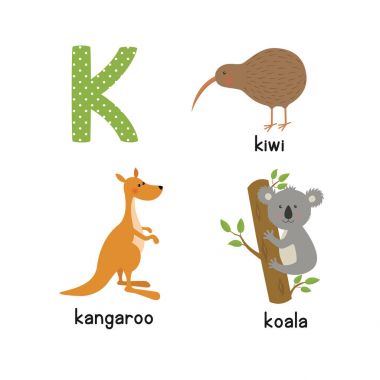 Şirin Hayvanat Bahçesi alfabesi ile vektör. K harfi. Komik karikatür hayvanlar: kanguru, koala, kivi kuş