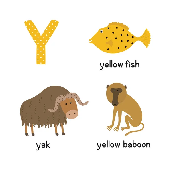 Letra Y. Alfabeto de dibujos animados para niños. vector ilustración animal Yak, peces amarillos, babuino amarillo — Archivo Imágenes Vectoriales