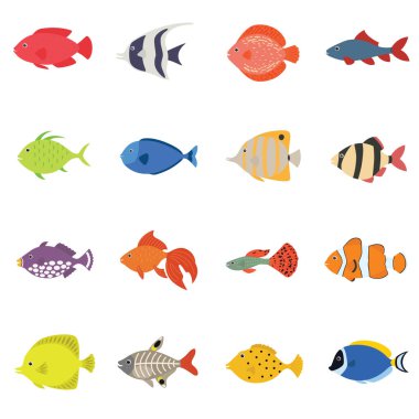 Cute fish vector illustration icons set. Tropical fish, sea fish, aquarium fish set isolated on white background. clipart