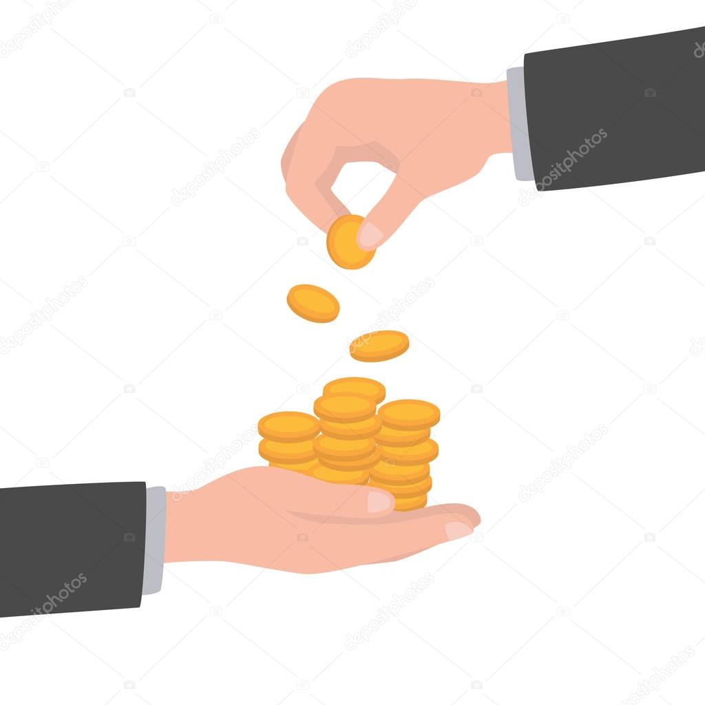 Businessman gives man a gold coin. Receiving money. Transfer of cash from hand to hand. Giving coin. Concept financial giving.