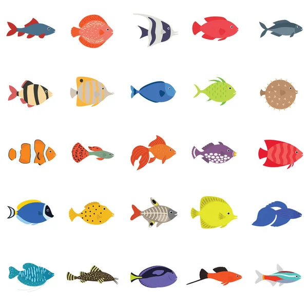 Söt fisk vektor illustration ikoner set. Tropiska fiskar, havsfisk, akvariefiskar — Stock vektor