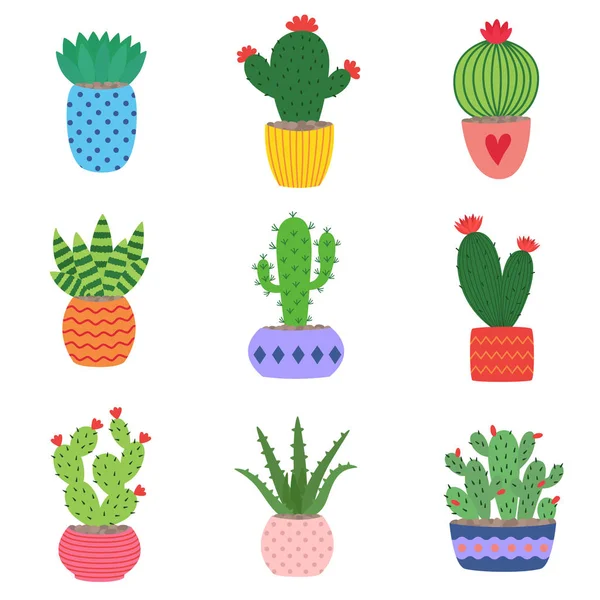 Cactus en succulente planten in potten. Illustratie set hand getrokken cactussen en vetplanten groeien in schattige kleine potten. — Stockvector