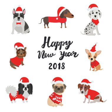 2018 için tebrik kartı. Yeni Yılınız Kutlu Olsun. Köpekler Noel Baba kostümleri