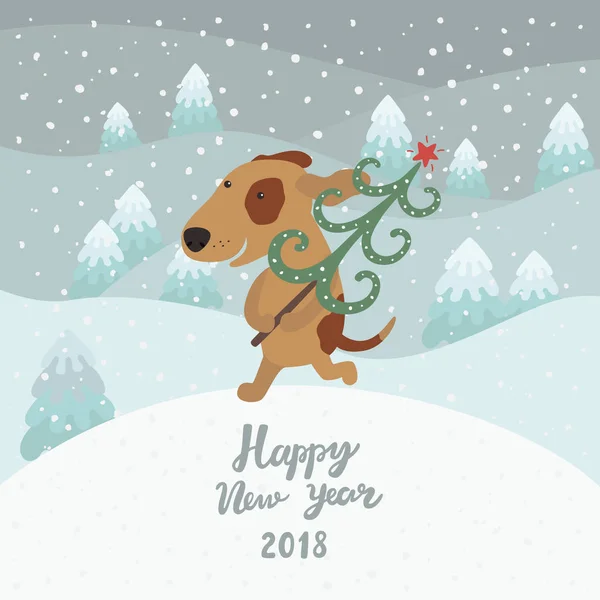 Sevimli köpek Noel ağacı taşır. Mutlu yeni yıl 2018