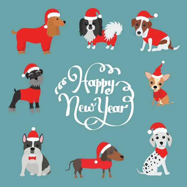 Cartão de saudação para 2018. Feliz Ano Novo. Cães em trajes Papai Noel — Vetor de Stock