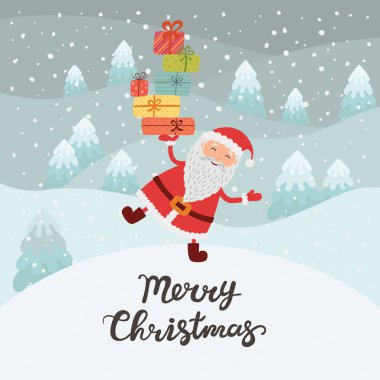 Noel Baba hediye ile. Noel kartı kış orman, kar