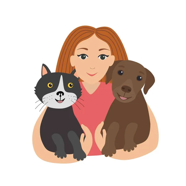Boldog kislány ölelgetés a macska és a kutya. Gyermekek és háziállatok. — Stock Vector