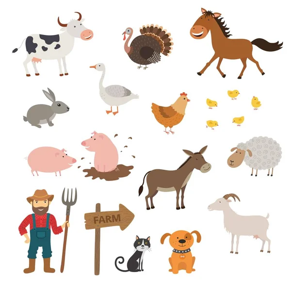 Roztomilý hospodářská zvířata v plochý izolovaných na bílém pozadí. Kreslená Farma zvířat. — Stockový vektor