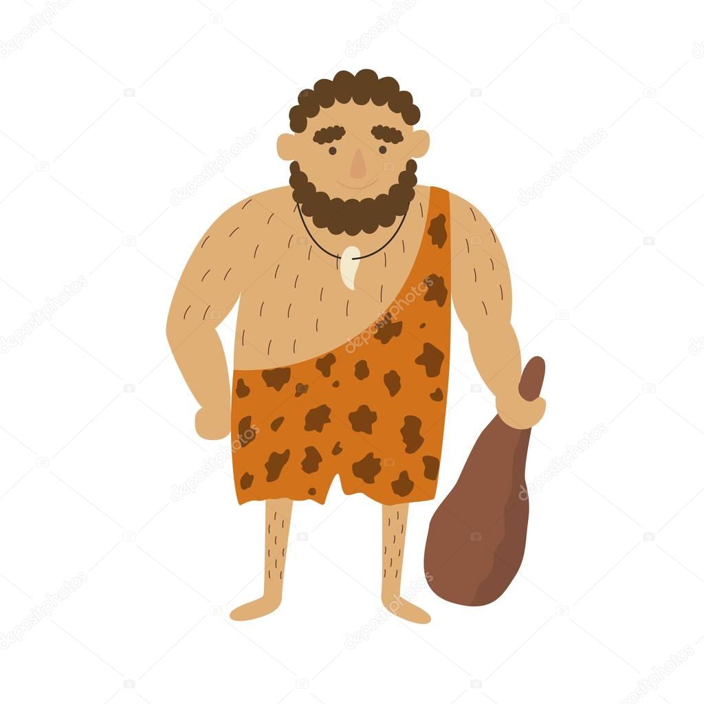Stone age primitive man in animal hide pelt with big wooden club.