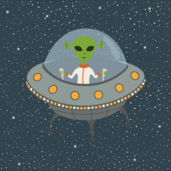Cartoon Alien in Flying Saucer