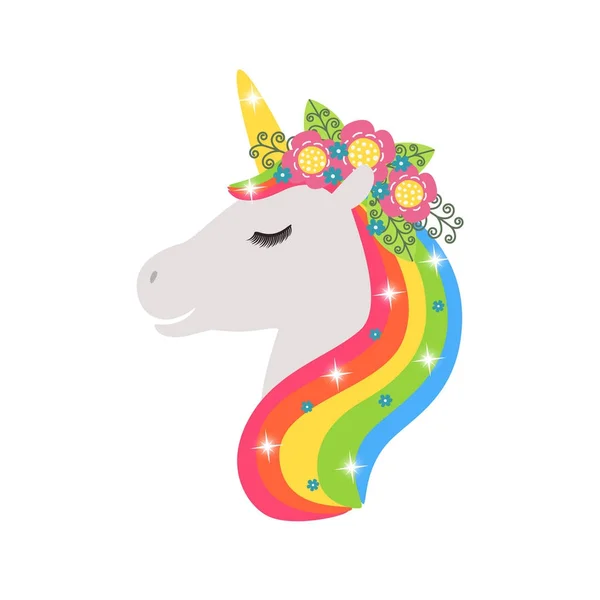 Ikon vektor Unicorn terisolasi pada warna putih. Kepala patung kuda stiker, patch badge. Fantasi kartun yang lucu hewan lucu. Rambut pelangi. Desain untuk anak-anak - Stok Vektor