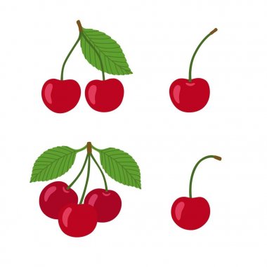 Olgun Kiraz beyaz zemin üzerinde. Çilek kaynaklanıyor ve yeşil yaprakları ile.