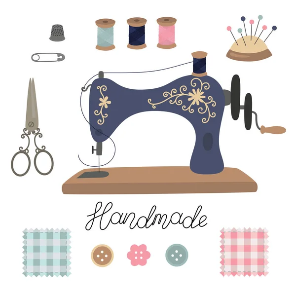 Dikiş takımı. Vintage vektör terzi s araçları makas, dikiş makinesi, iğne, yüksük, düğme, bobin konu, iğneler, patchwork. El yapımı yazı.