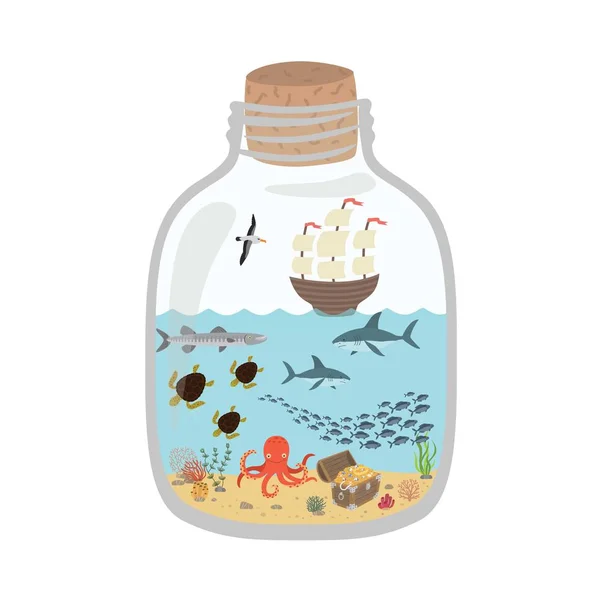 Kreskówka podwodny świat w butelce, ryb, rekiny, żółwie, ośmiornica, skarb, statek. — Wektor stockowy