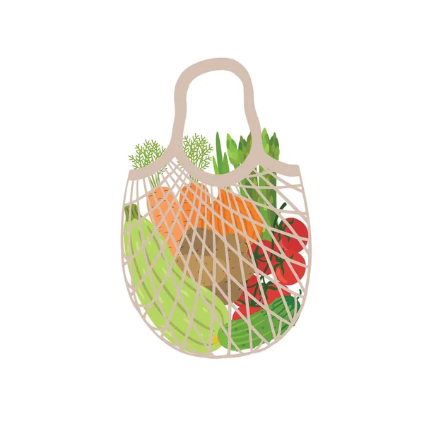 Ökotáska tele zöldségekkel. Modern vásárló friss bio élelmiszerekkel a helyi piacról. — Stock Vector