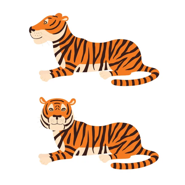 成年大红虎躺在地面野生动物和动物主题漫画动物设计平面矢量插图 — 图库矢量图片