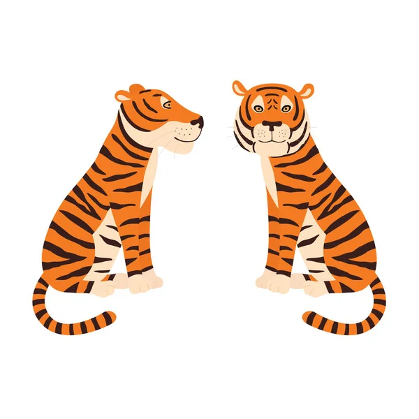 Tigru portocaliu stând. Tigru frenetic colorat. Vedere laterală și frontală . — Vector de stoc