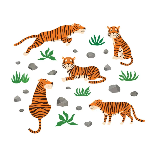 Uppsättning tigrar, blad och stenar. Vektorillustration. — Stock vektor