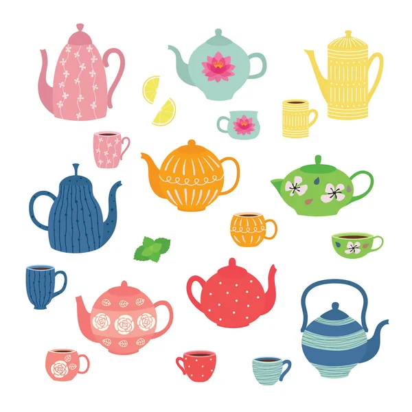 Tetera dibujada a mano y colección de taza. Coloridas tazas de té, tazas de café y teteras aisladas sobre fondo blanco . — Vector de stock