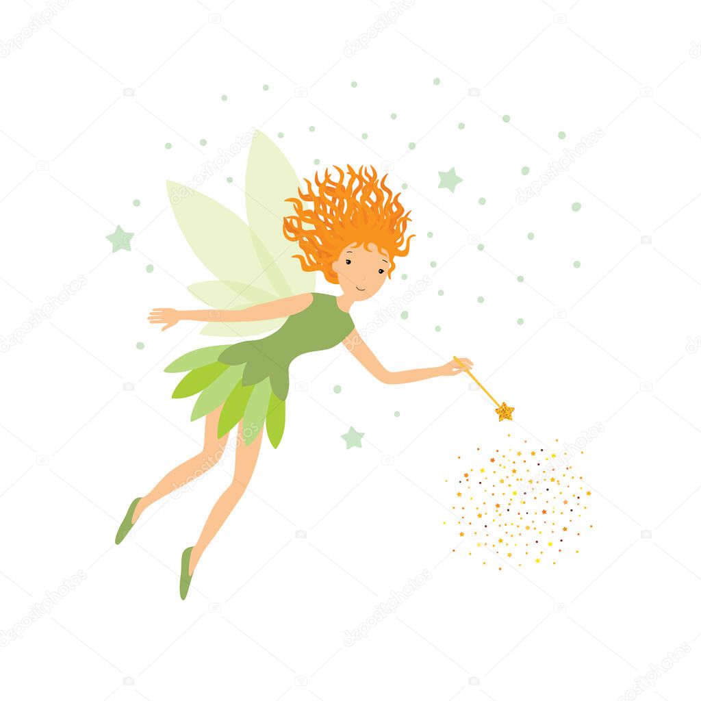 Cute green fairy in flight with a magic wand