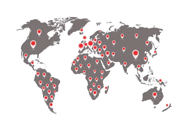 Mappa del mondo di Coronavirus Covid-19. Pandemia di coronavirus. Illustrazione della Terra vettoriale piatta. La mappa mostra dove si è diffuso il coronavirus — Vettoriale Stock