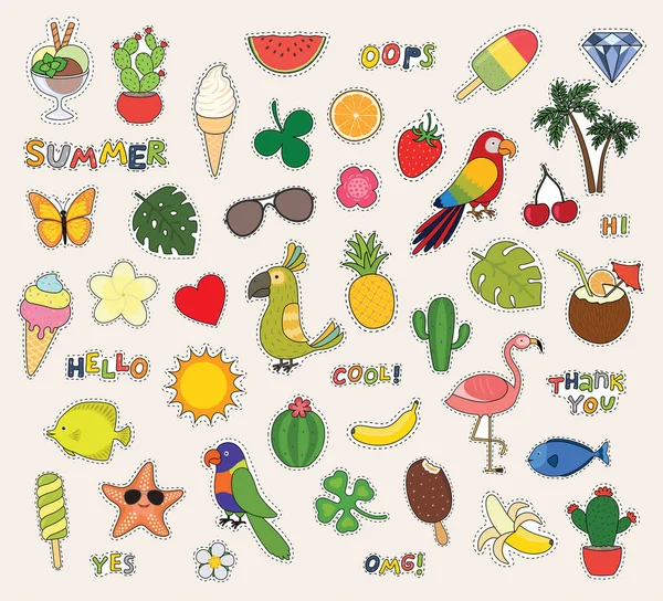 Hello summer. Set of cute stickers palms, fruits, parrot, ice cream, sun, cactus and others. — Stock Vector